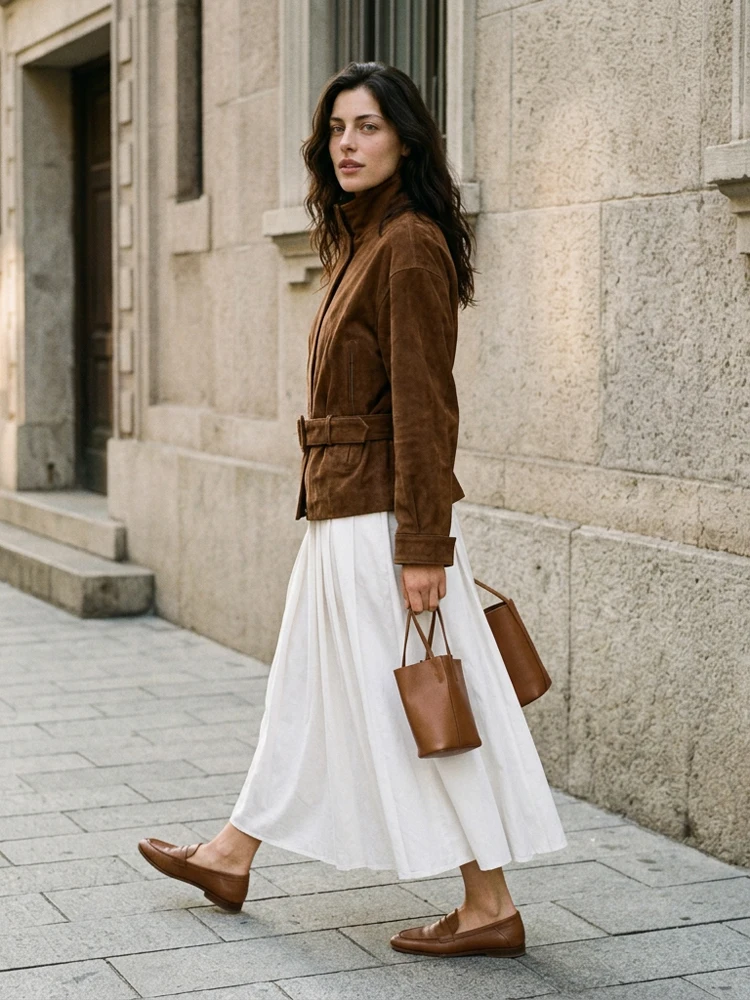 Ladies Brown Faux Suede Short Coat Stand Collar Zip Front Long Sleeve Waist Belt Buckle Loose Fit Vintage Retro Street Outfit