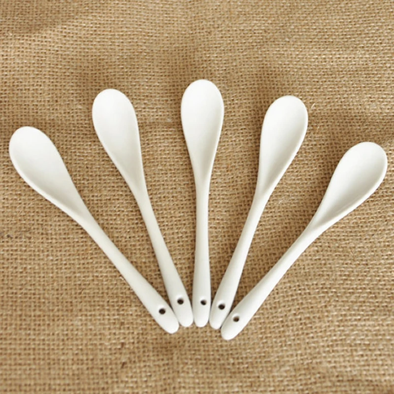 5PCS Porcelain Spoons Mini Kitchen Ceramic Tea Coffee Sugar Dessert Spoon New Pure White Flatware【Homeclub】