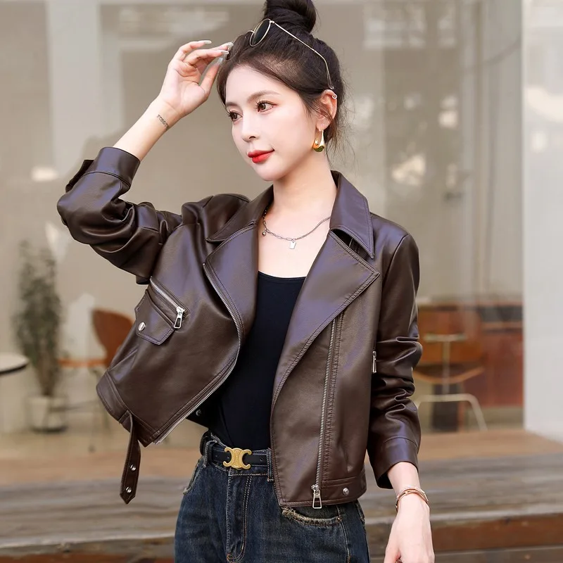 Street Sle Women's Short Biker Leather Jacket Loose Fit PU Leather Coat Zipper Closure Long Sleeve Autumn Fashion Outerwear
