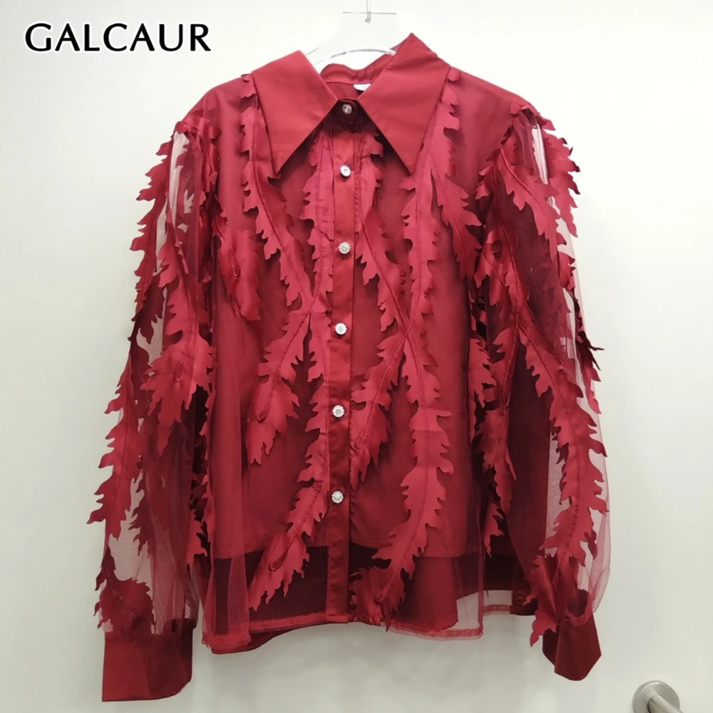 

GALCAUR Solid Spliced 3D Vine Chic Shirt Female Lapel Lantern Sleeve Loose Irregular Design Women's Shirts Autumn Fashion Style