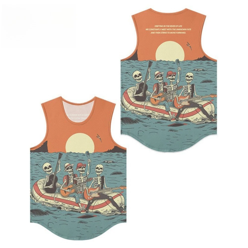 Skeleton Band Printed Men Vests Trendy Skull Breathable Beach Essential Loose Fit Tank Top Activewear Sports Oversize Clothing