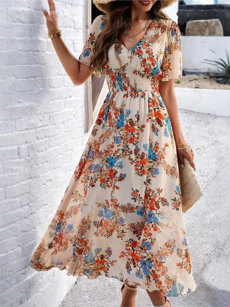 

Summer Temperament Elegant Waist Short-sleeved Chiffon Dress Women's Fashion V-neck Printed High Waist Comfortable Casual Dress