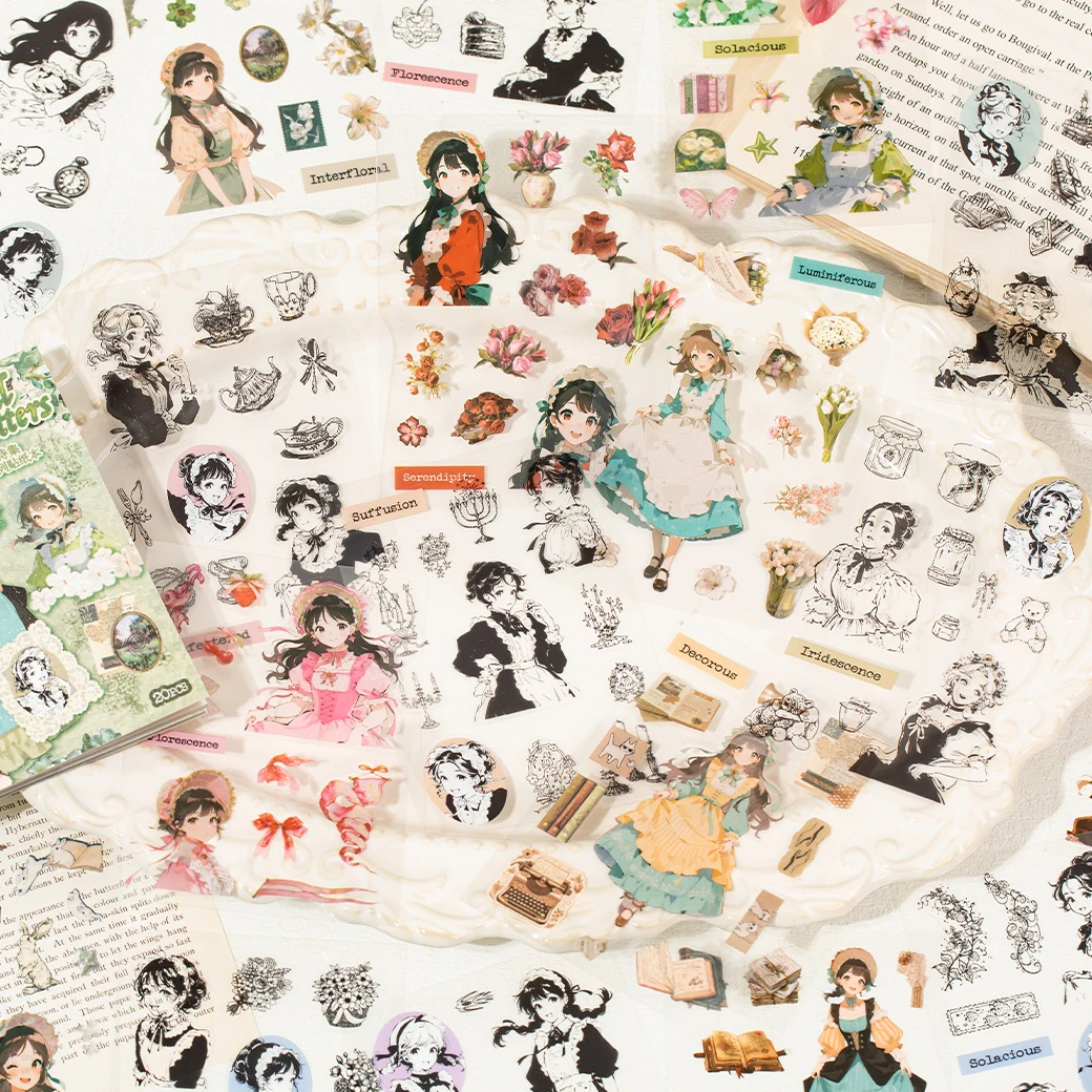 20Pcs Classic Lolita Girl Transparent Stickers, Black & White Sketch Journal Decals