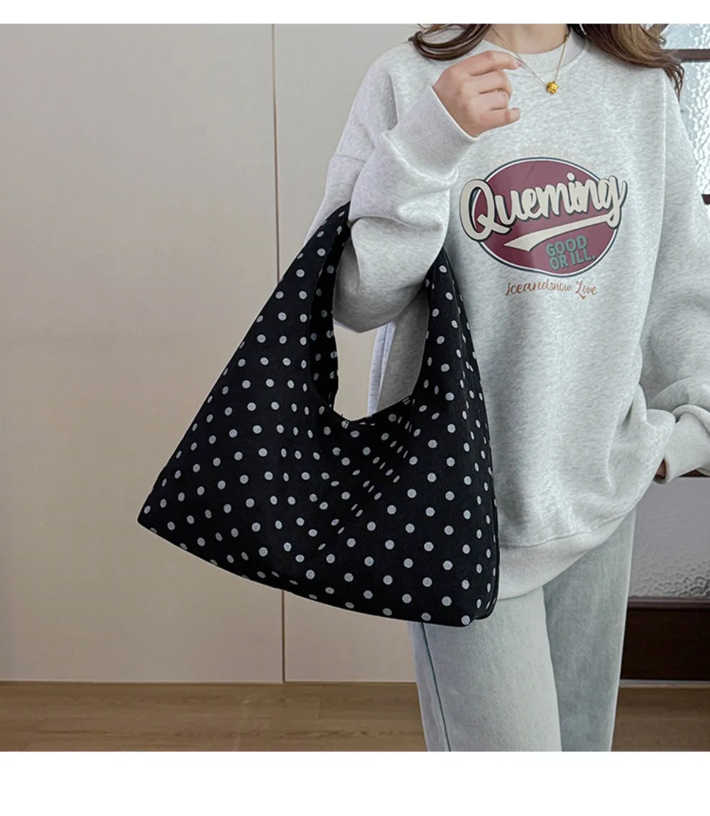 Neue Damenhandtasche mit Polka-Dot-Muster, lässige Umhängetasche aus Cord, große Tragetasche für den täglichen Pendelverkehr – Detail 9