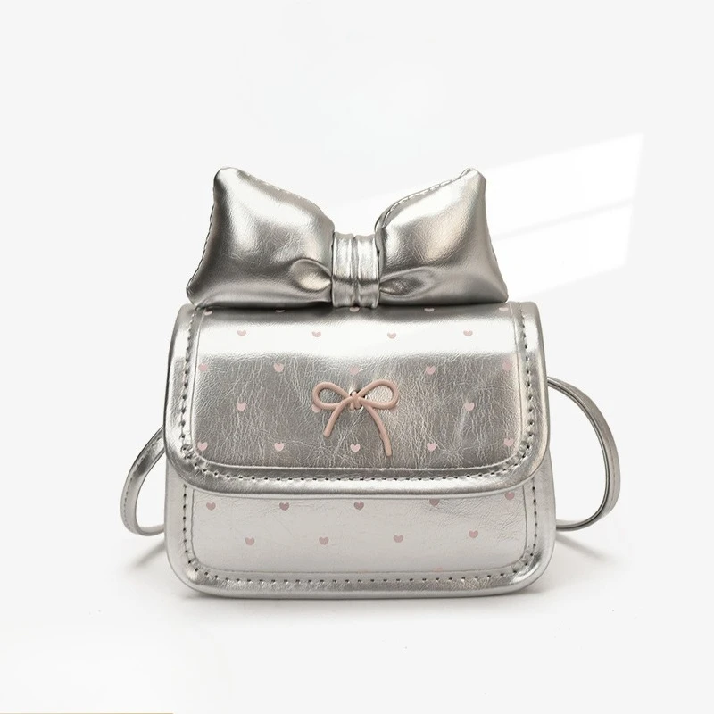 Girls 3D Bow Print Full Heart Mini Square Crossbody Bag Detachable Thin Shoulder Strap Sweet Lolita Children Daily Hand Purse