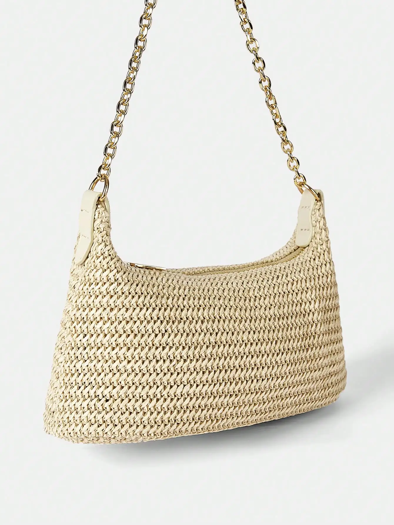 

New Arrival Fashionable Bohemian Style Woven Rattan Bag With Chain Strap, Shoulder Bag, Suitable For Daily Casual, Vacation, Shopping And Outfit Matching, Tready Crescent Moon Bag For Women , Bohemian Outfit For Women