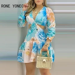 Women Elegant Dress V-Neck Floral Print Cutout Tied Detail Backless Casual Dress Vacation Dress 2021