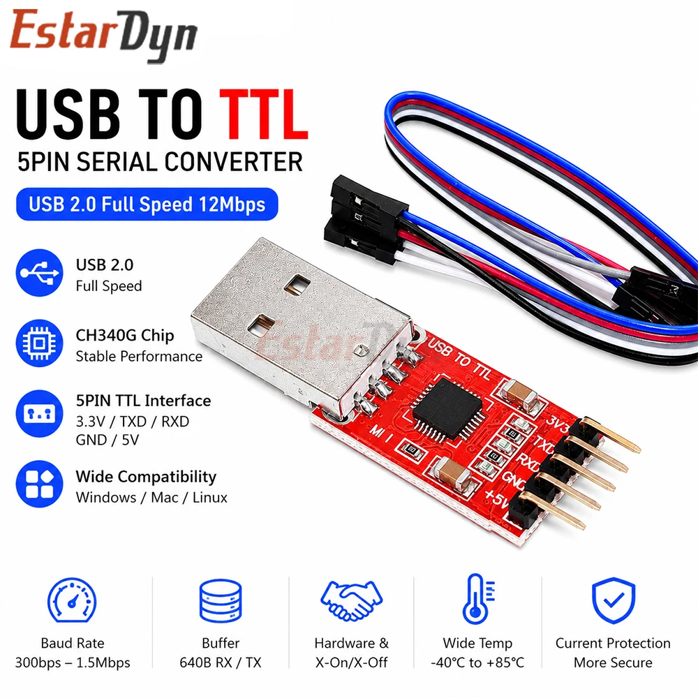 Estardyn CP2102 USB 2.0 to TTL UART Serial Converter Module Adapter STC Downloader 3.3V 5V 6Pin Programming