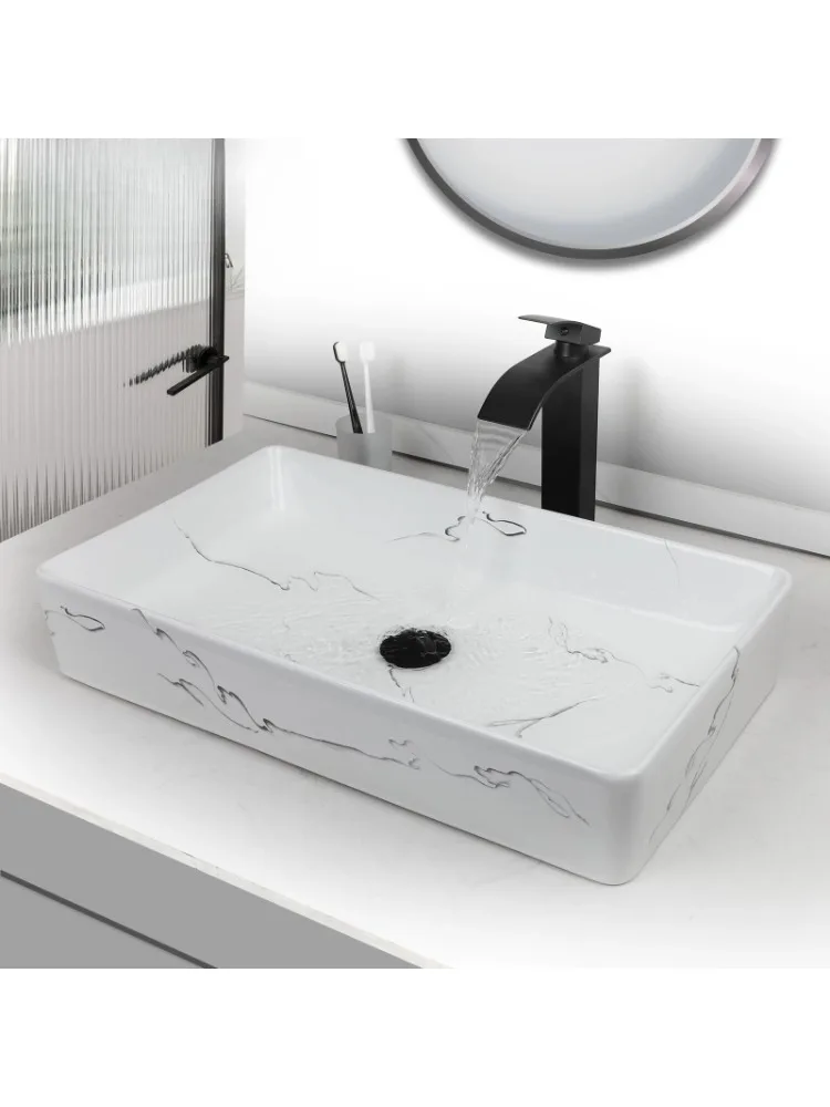 Rectangular marble bathroom container sink, ceramic container sink with faucet and drain pipe