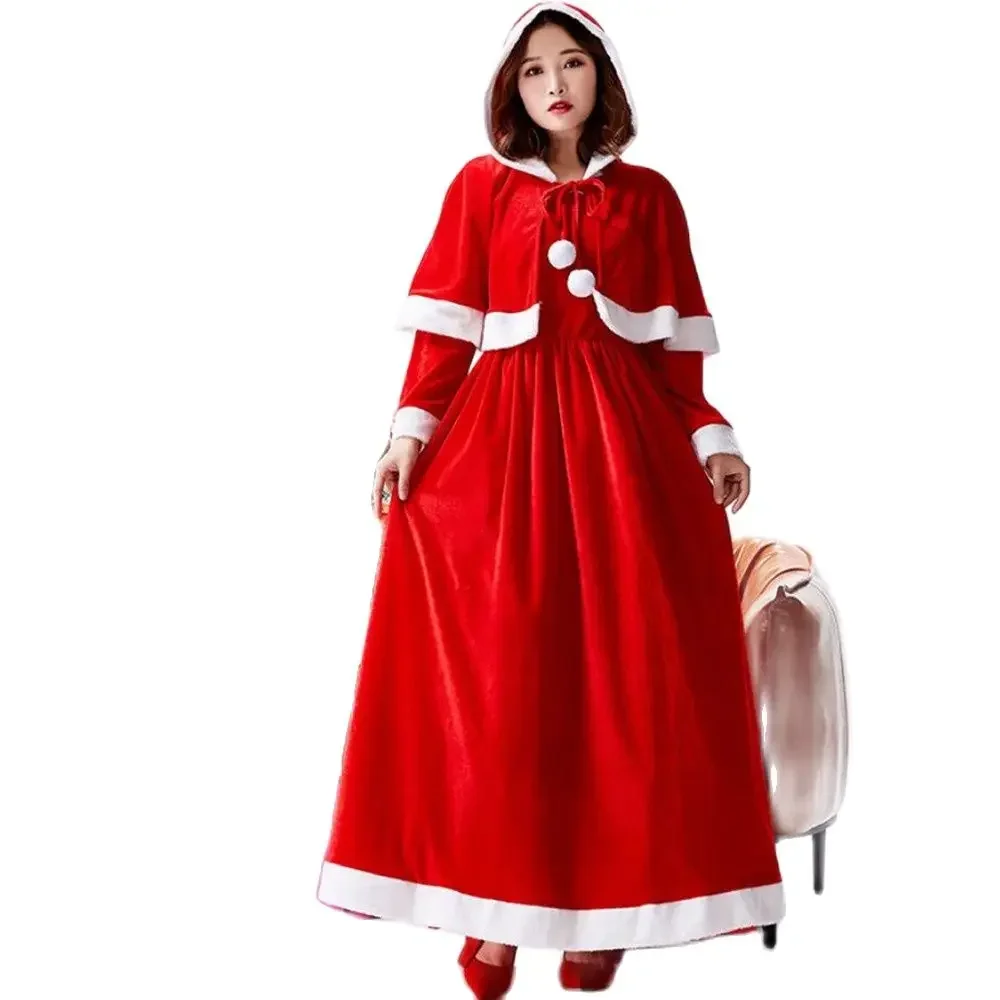 Langes Weihnachtsmann-Kleid für Damen mit Kapuzenumhang, rotes Samtkostüm mit pelzigem Besatz, ideal für Urlaubsparty, Cosplay