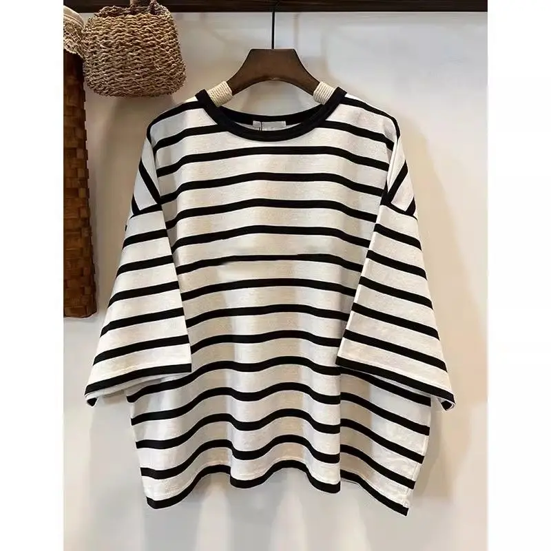 

Lazy Style Striped Youth T Shirts Summer Short Sleeve O-neck Plus Size Loose Street Casual Tops Fashion Vintage Women Clothing