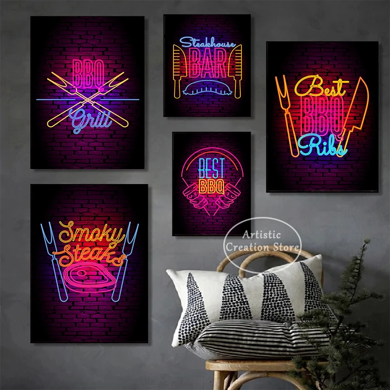 Neon Sign Style Art Poster Steakhouse BBQ Vaporwave Neon Barbecue Print Canvas Wall Pictures Club Restaurant Kitchen Room Decor