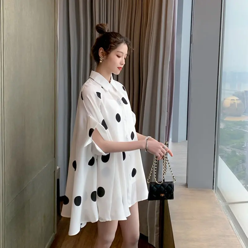 2023 Summer Maternity Blouses Shirts  Dot Printed Chiffon  Ins Loose Shirt Clothes for Pregnant Women Pregnancy  Funny Tops