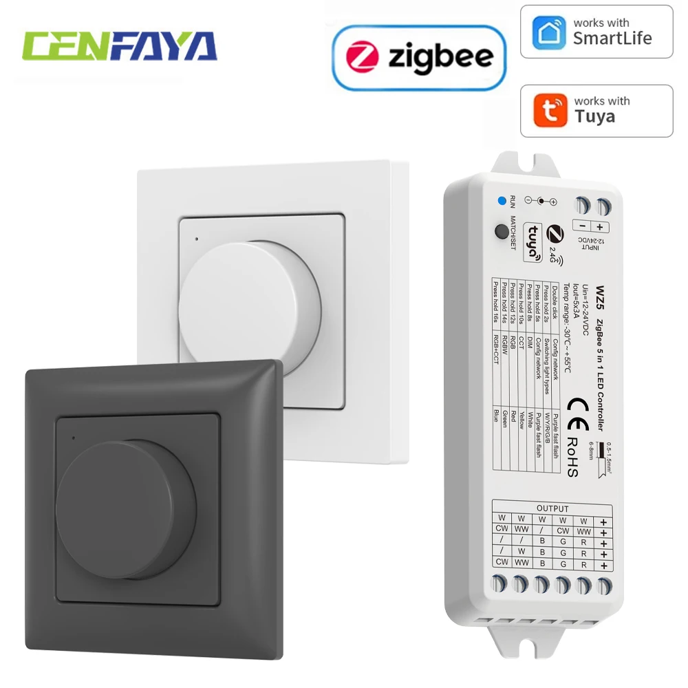 

CENFAYA Knob Panel Remote Controller KIT Knob Dimming ZigBee RF 5 in1 LED Dimmer DC 12V 24V RF 2.4G Wireless Control 86 Panel