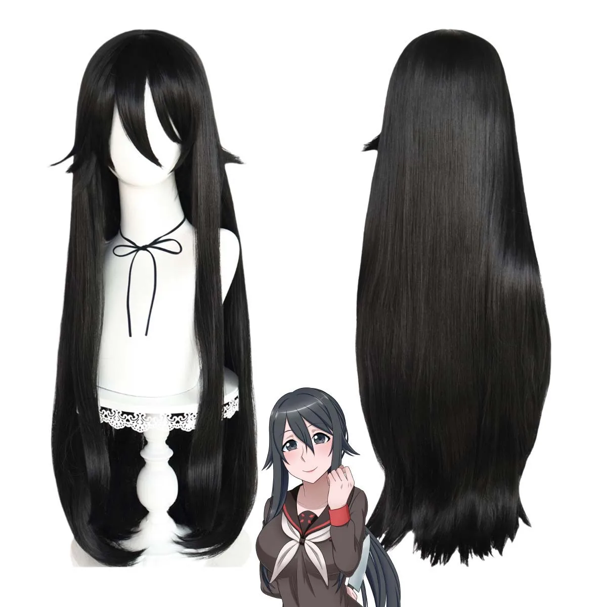 Женская игра Yandere Simulator Cos Ryoba Aishi, длинный прямой парик из черных волос Женская игра Yandere Simulator Cos Ryoba Aishi, длинный прямой парик из черных волос