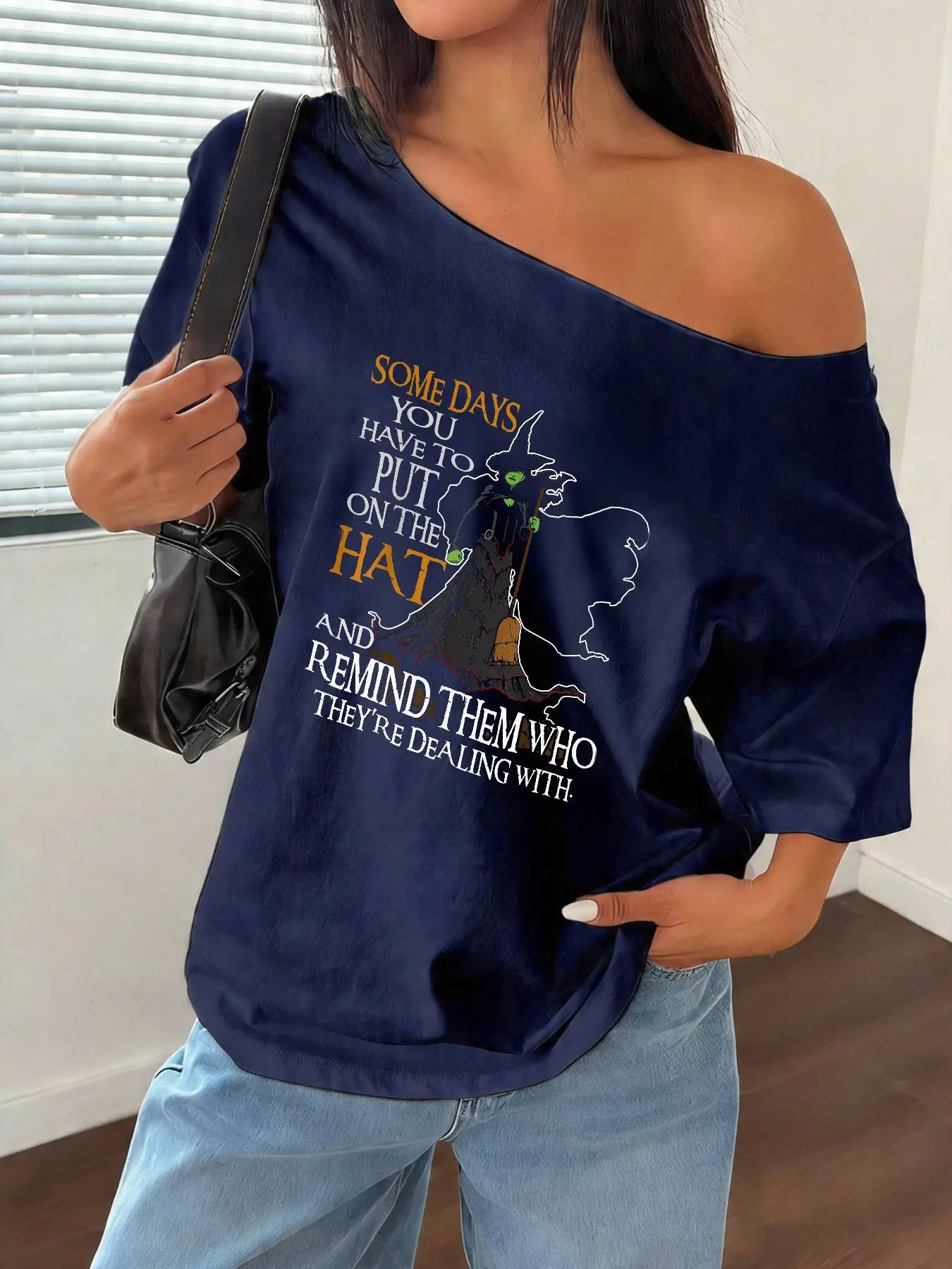 100% Cotton Plus Size Halloween Witch Graphic Print Shoulder Loose Print T-Shirt Oversized Y2K Style Graphic Tees Women Tops view 3