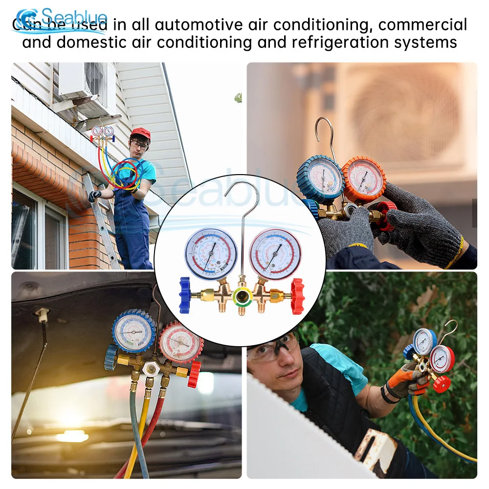 Refrigerant Manifold Gauge Air Condition Refrigeration Set Air Conditioning Tools with Hose and Hook for R12 R22 R404A R134A