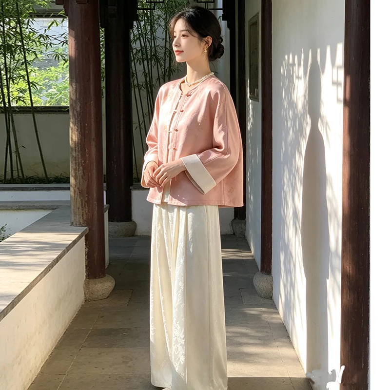New Chinese Style Autumn Silk Embroidered round Neck Sleeveless Vintage Jacket Strap Wide Leg Pants Set Women's Fashion