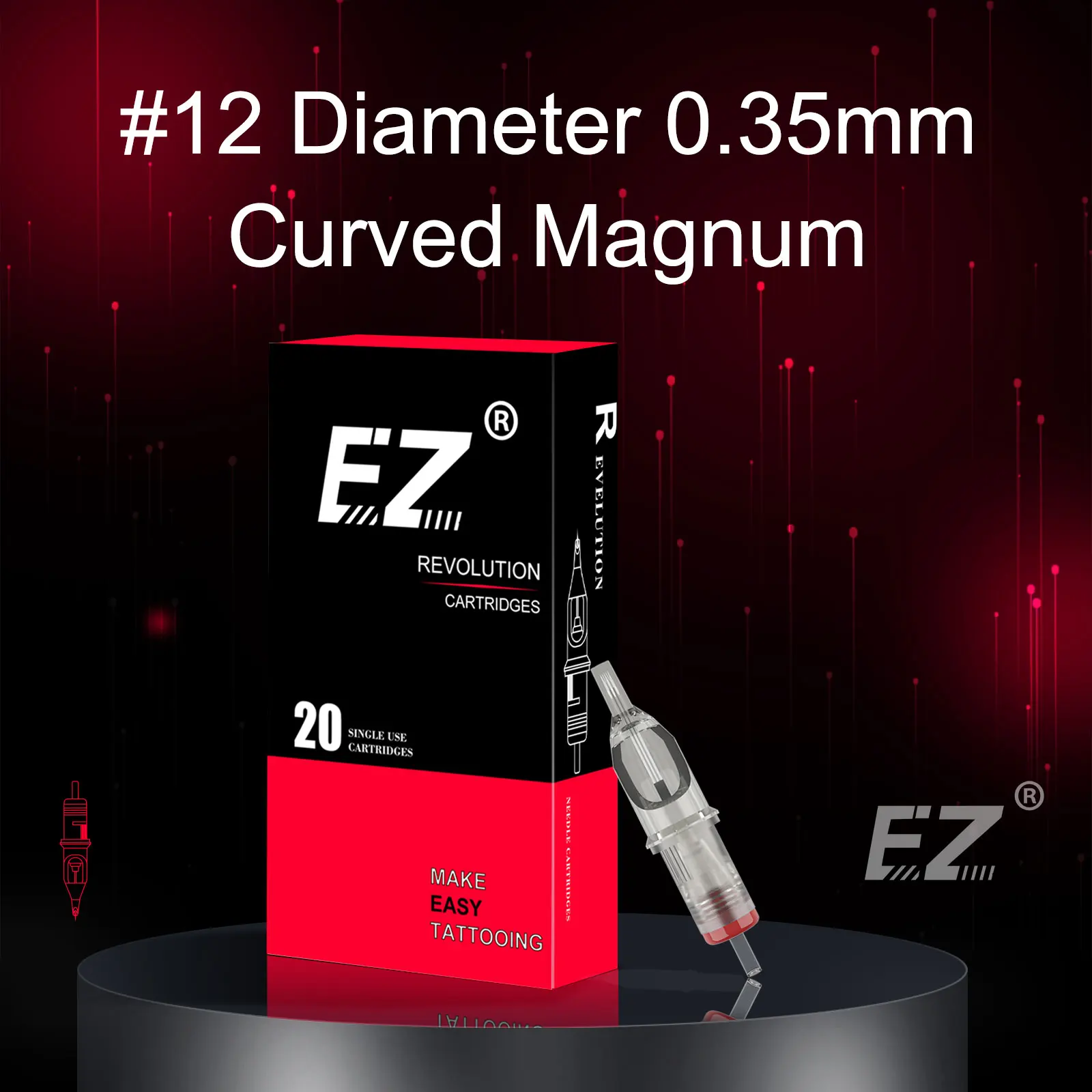 EZ Revolution Cartridge Tattoo Needles Curved /Round Magnum #12 0.35mm Long Taper 5.5mm for Cartridge Machines and Grips 20 Pcs