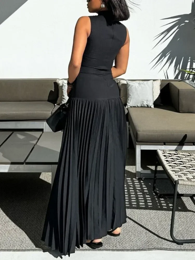 Uoozee 2024 New Summer Women's Fashion Solid Color Pleated A-line Dress Sleeveless Split-Joint High Neck Party Prom Maxi Dresses