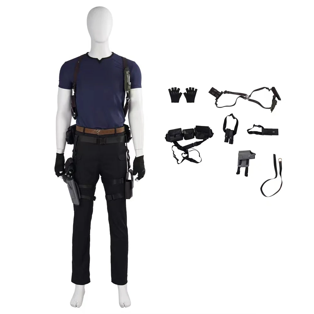 High Quality Game RE4  Remade Leon Cosplay Halloween Carnival Shirt Shoulder Straps Armhole Sleeves Belt Accessories