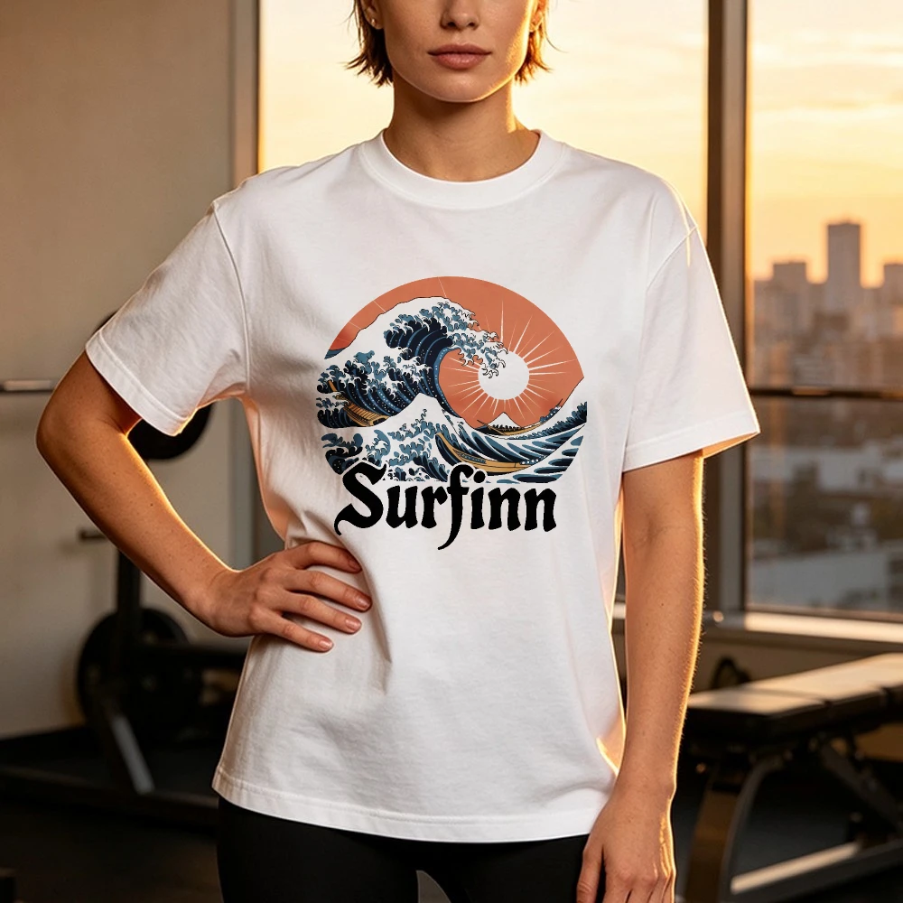 Surfinn Graphic Tshirt Japanese Wave Art Retro Ocean T-Shirt Sun Mount Fuji Travel Vibes Unisex Cotton Top Summer Short-sleeve