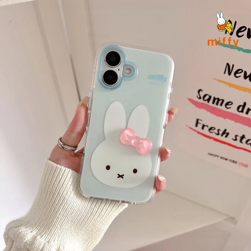 

Простой чехол для телефона Miffy, подходит для Iphone 16, 15, 14, 13, чехол для телефона с защитой от падения, мультяшный стереоскопический бант, аксессуары в стиле аниме