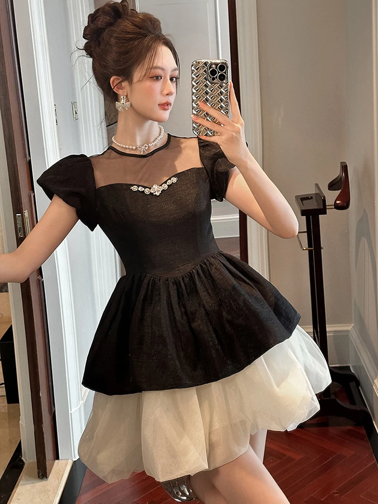 น่ารัก Kawaii สีดําชุดวันเกิดผู้หญิงสไตล์ฝรั่งเศสชุดเค้กผู้หญิง SHEER ตาข่าย Splice ชุดเจ้าหญิง Lady PROM Vestidos