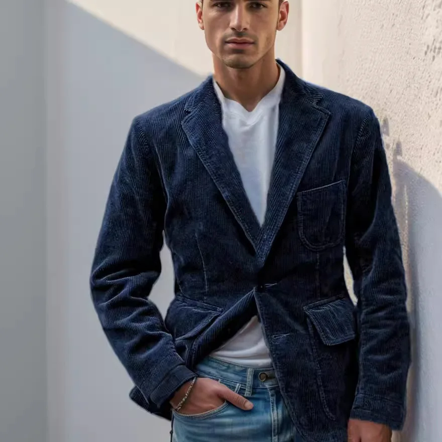 Men's Suit Jacket Corduroy Single-breasted Full Sleeve Multi-Pocket Vest Casual Clothes Business Elite Daily Blazers