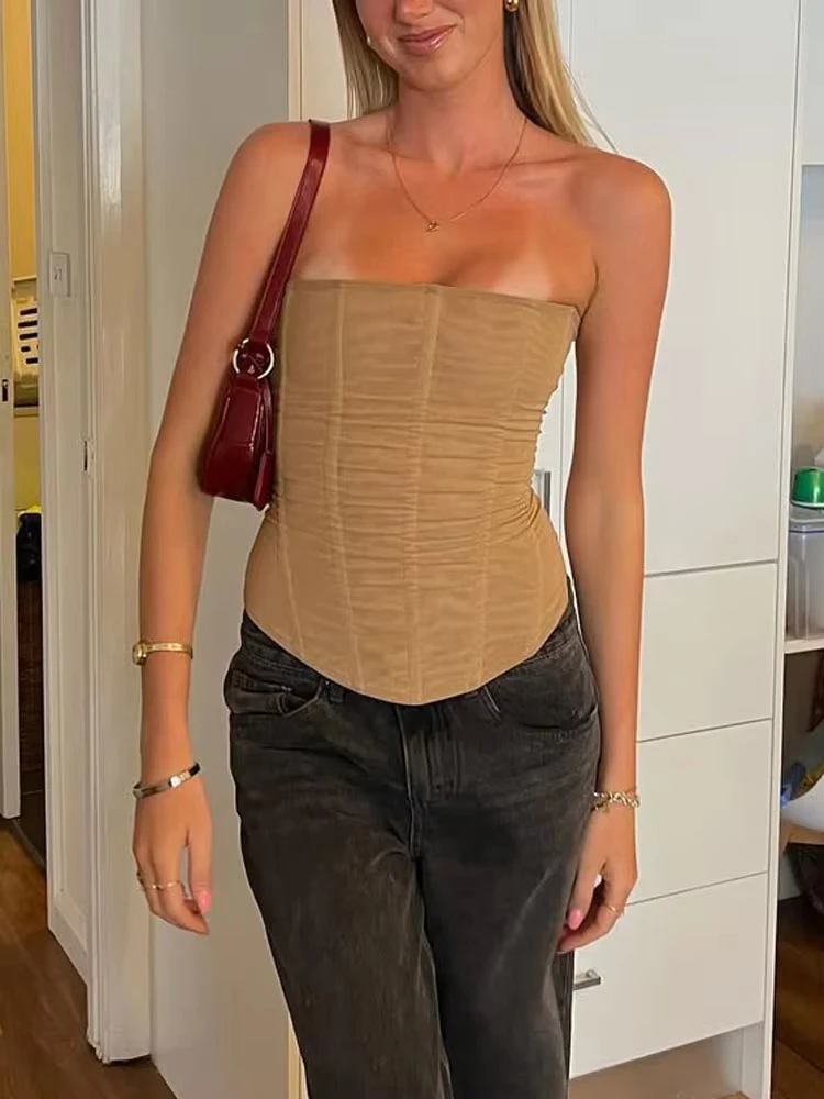 

Mesh Backless Summer Vest Female Elegant Luxury Patchwork Strapless Solid Slim Streetwear Inner Sexy Y2k Tank Top Women's
