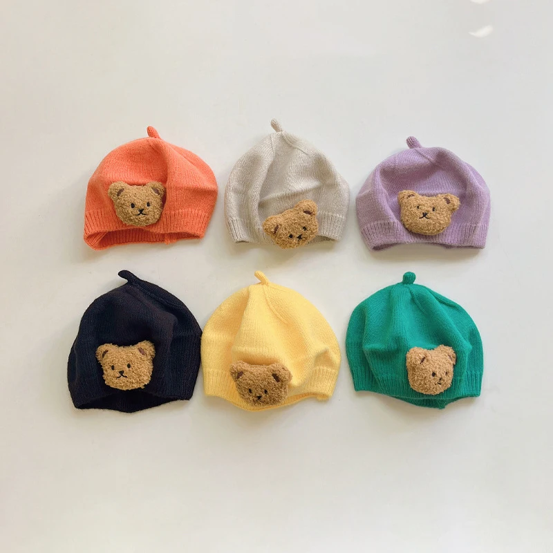 Gorro de punto para bebé, boina de oso de dibujos animados para niños, gorros para niñas y niños, accesorios para niños pequeños, cosas para bebés,