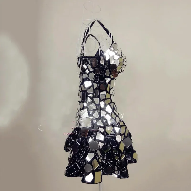 Abito a specchio argento Abito da festival sexy Costume di scena Donna Discoteca Bar Cantante Dj Ds Abbigliamento da prestazione