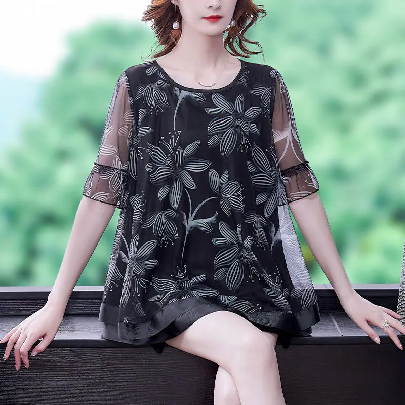 Printing T-Shirts Round Neck Floral Patchwork Short Sleeve Leisure Gauze Loose Thin Summer Korean Casual Women\'s Clothing 2023
