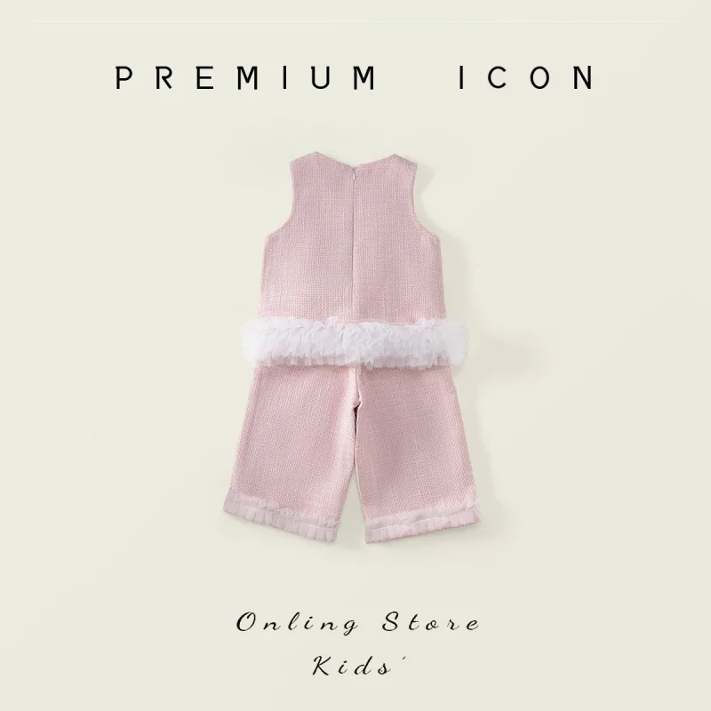 

Girl's Sweet Style Pink Outfit2025Autumn Baby Girl Heart Vest Wide-Leg Pants Three-Piece Set Wholesale