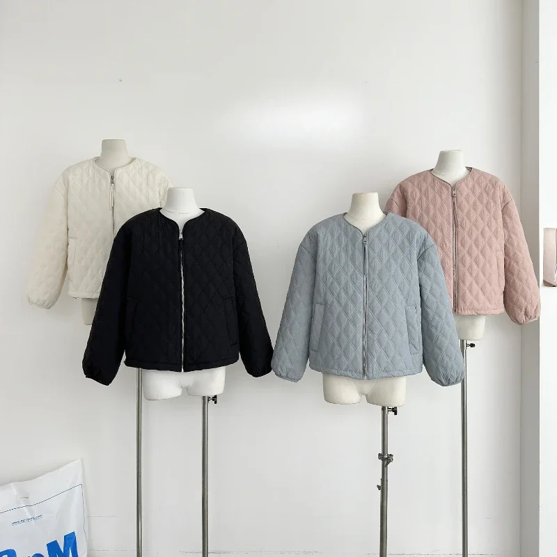 

Korean Soild Argyle Cotton Coat Women's Winter Windproof Warm Long-sleeved Top Double Side Pockets O-neck Short Femal Colthing