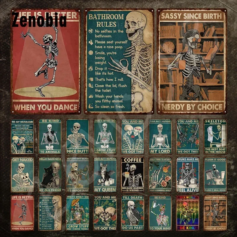Totenkopf-Blechschild, lustige Totenköpfe und schwarze Katzen, Vintage-Metallposter, Badezimmerregeln und Kaffee, Metallplatte