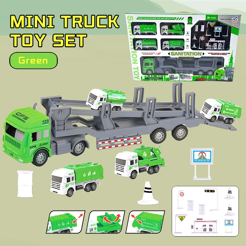 

Игровой набор для санитарных грузовиков с фрикционным приводом — большой переносной тележкой с 4 мини-смітными грузовиками, дорожными знаками и аксессуарами для переработки — Ed