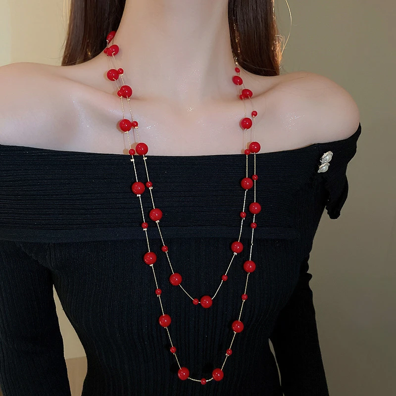 

New Trendy Vintage Imitation Pearl Long Necklace for Women Double Layer Red Beads Sweater Chain Necklaces Christmas Jewelry Gift