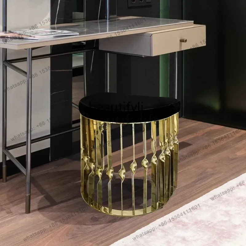 

Postmodern semi-round stool black leather dressing stool champagne gold stainless steel, low stool living room8578