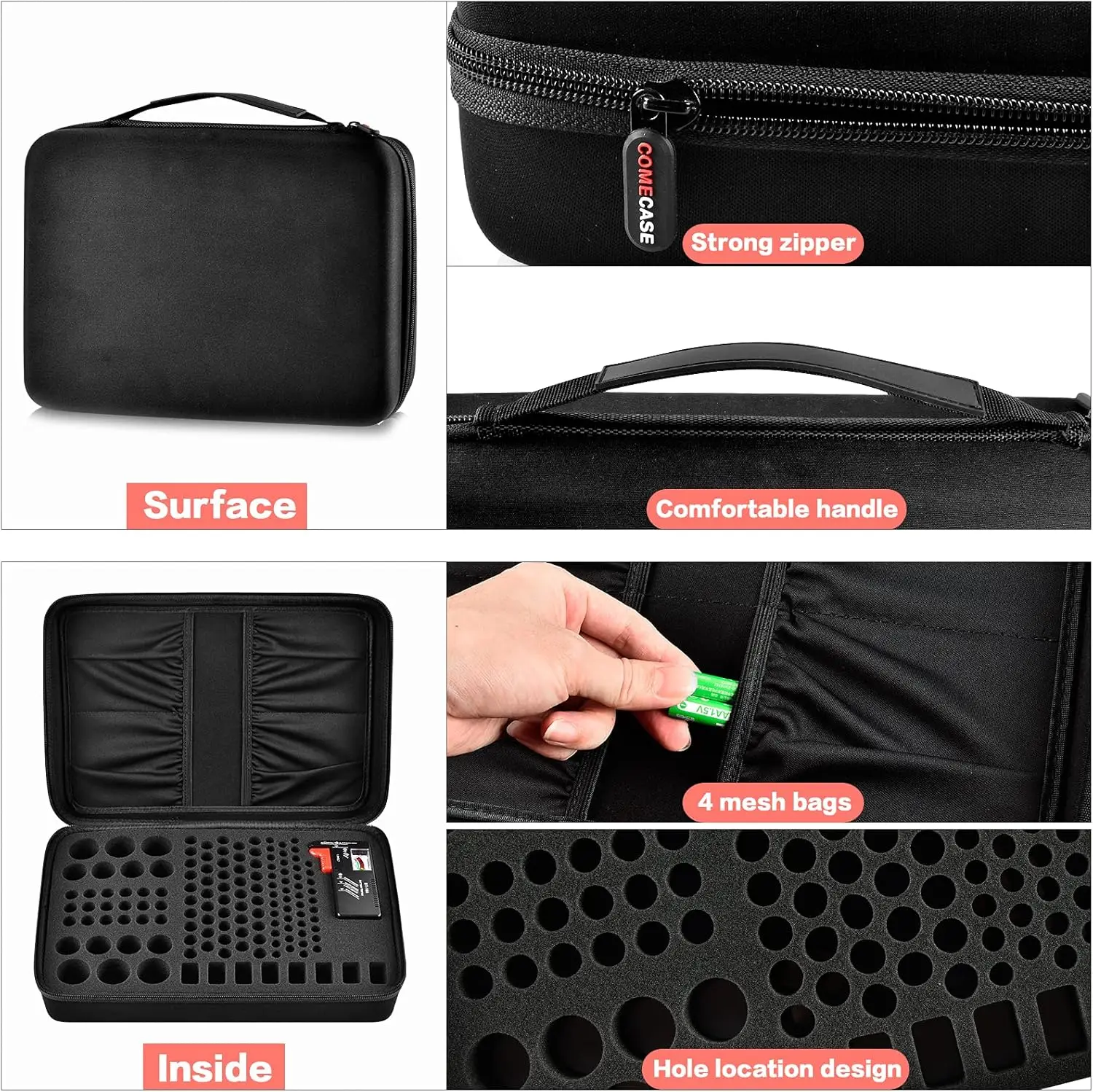 Battery Organizer Storage Box, Carrying Case Bag Holder- Holds 140+ Batteries AA AAA AAAA C D 9V- with Battery Tester