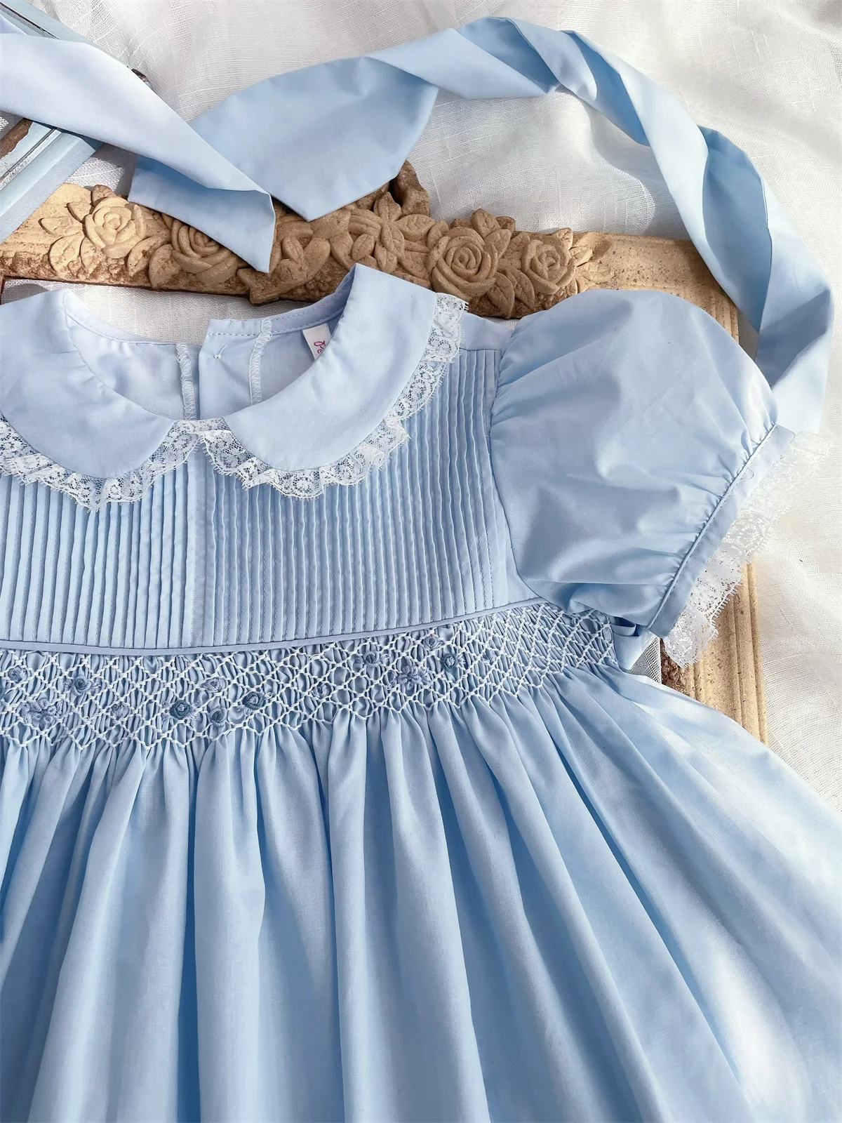 Summer Handmade Vintage Elsa Blue Hand-embroidered Girls Dress Smocking Boutique Girls Quality Flower Girls EID Dress