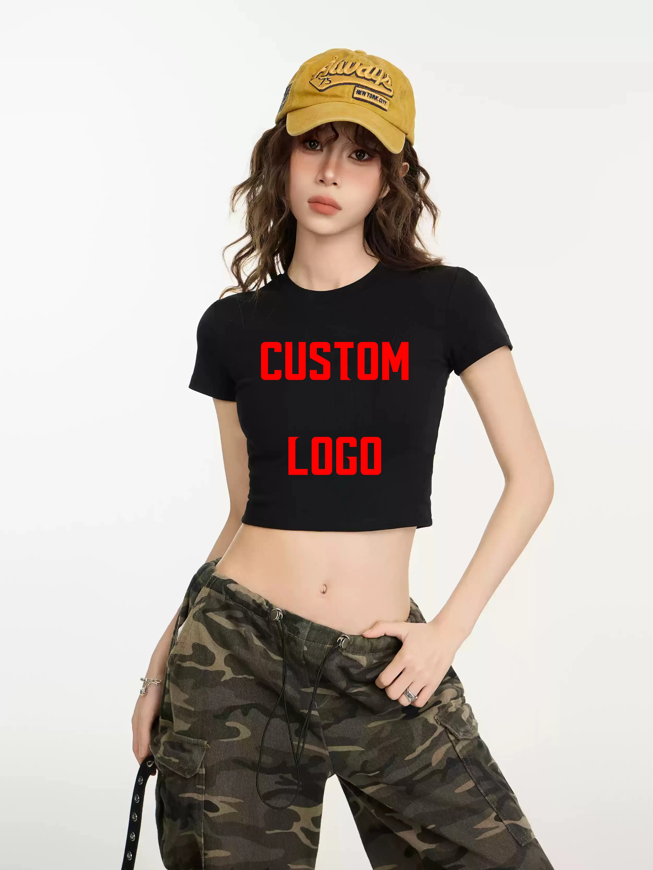 Crop Top Women Custom LOGO Free Print  Short Sleeve  Solid Slim Fit Crew Neck Tee Basic Skinny Tight Casual Workout Yoga Tshirt