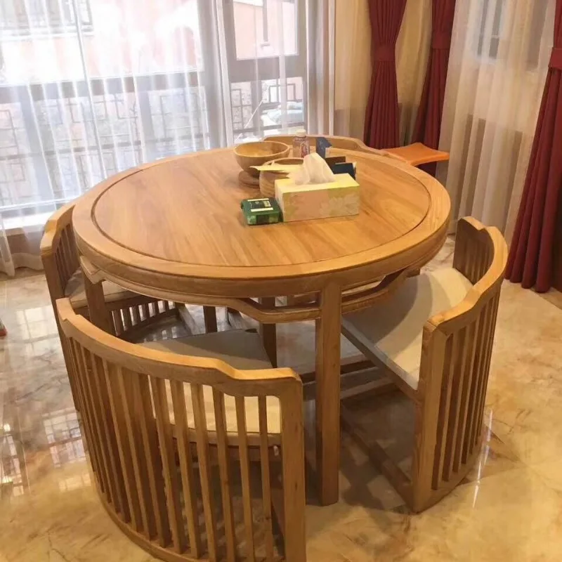 

Old Elm New Chinese Dining Table and Chairs Tea Combination Chinese Solid Wood Round Table Hotel Furniture