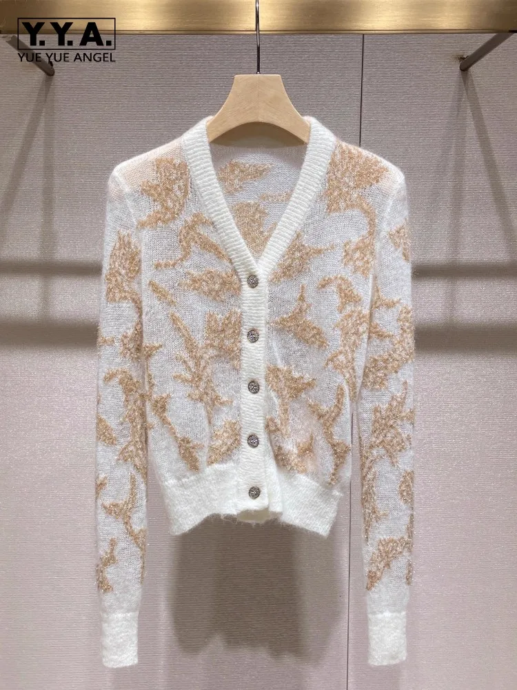 

Women V-neck Knitted Sweater Fashion Jacquard Cardigan Top Single Breasted Knitwear Autumn Casual Long Sleeve Outerwear Hot Sale