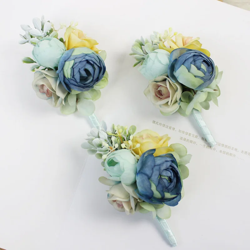 Blue Artifical Boutonnieres Flowers Wrist Corsage boutenniers wedding Men Brooch Witness Party Accessories