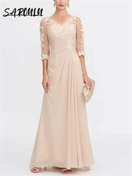 Beige Chiffon Three Quarter Sleeve Wedding Party Dress V Neck Lace Mother Of The Bride Dresses Pleated A Line Wedding Guest Gown