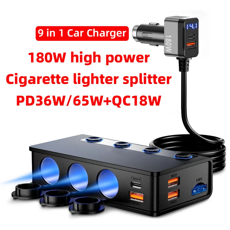 180W cigarette lighter splitter PD36W/65W QC3.0 18W * 4 charging ports 3 sockets LED voltage super car charger adapter 12V/24V