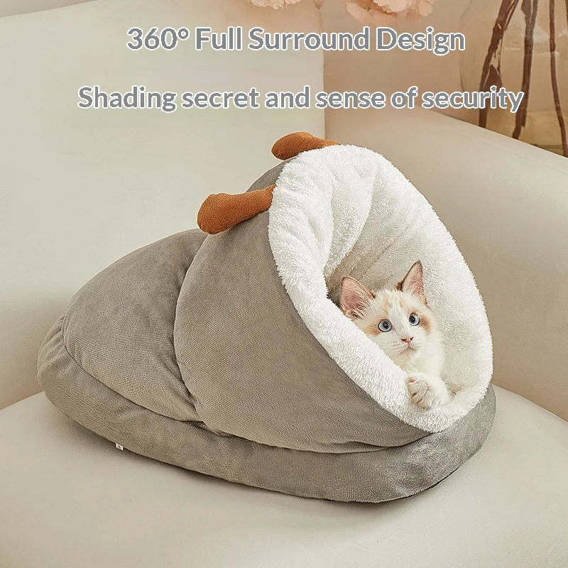 Strengthen the semi enclosed warmth-retaining pet bed. Durable and thick dog bed with large space. Sleeping bag for cats