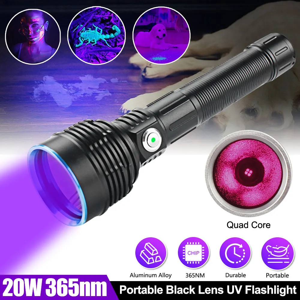 

20W LED UV Flashlight 365nm Type-C Rechargeable Portable Waterproof UV Light Torch Flashlight 4 modes Aluminum alloy Flashlight