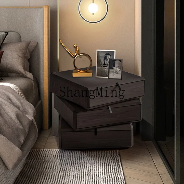 

SM minimalist rotating bedside table solid wood bedroom storage cabinet walnut smoke color